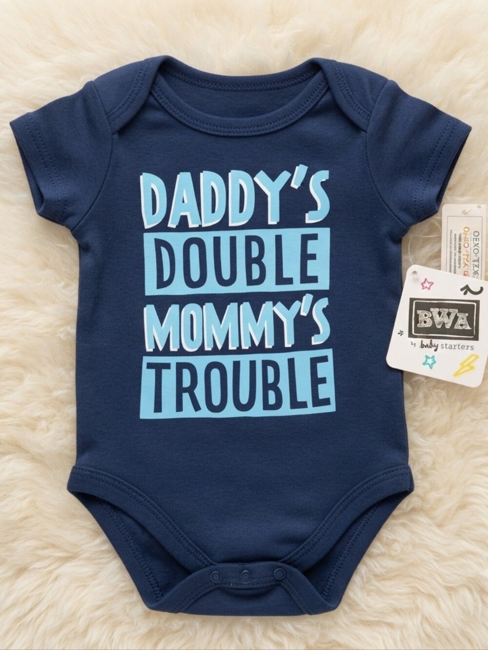 Baby Starters NWT 9M Navy Blue "Daddy's Double Mommy's Trouble" One-Piece